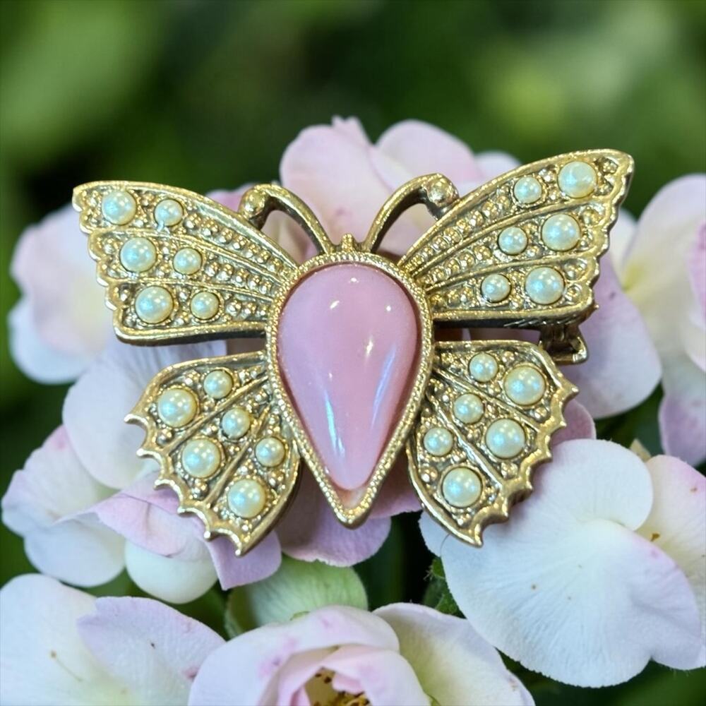 Pink Pearl Butterfly Brooch 1928 Jewelry Co Fairycore Romantic Statement Pin